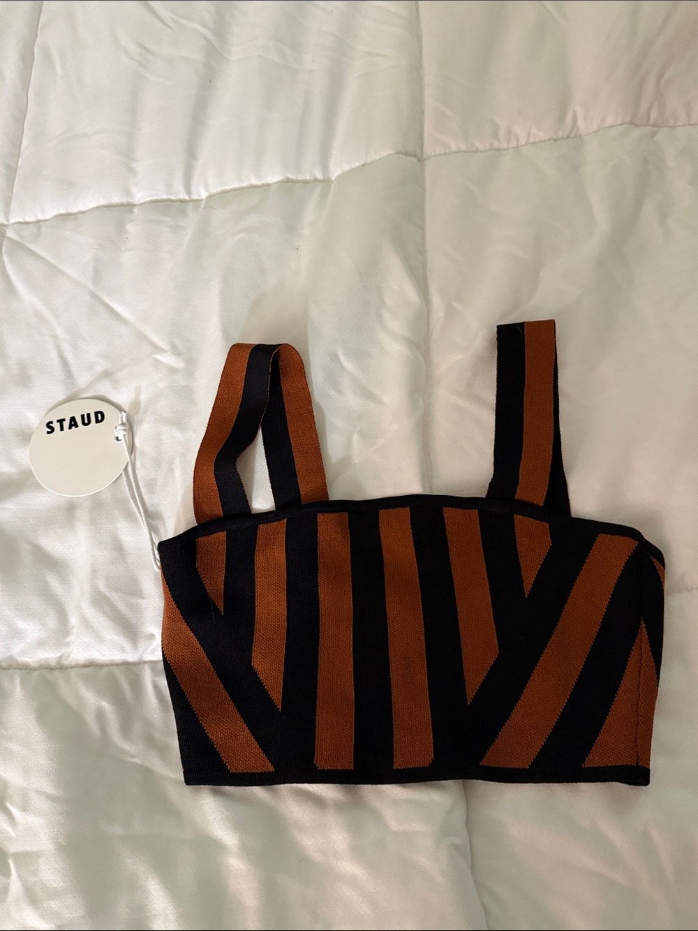 STAUD Black and Brown Striped Knit Crop Tank